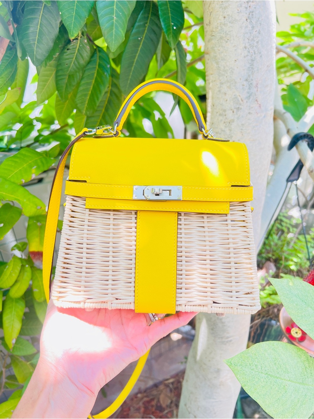 Bright Yellow Small Wicker Should Top Handle Handmade